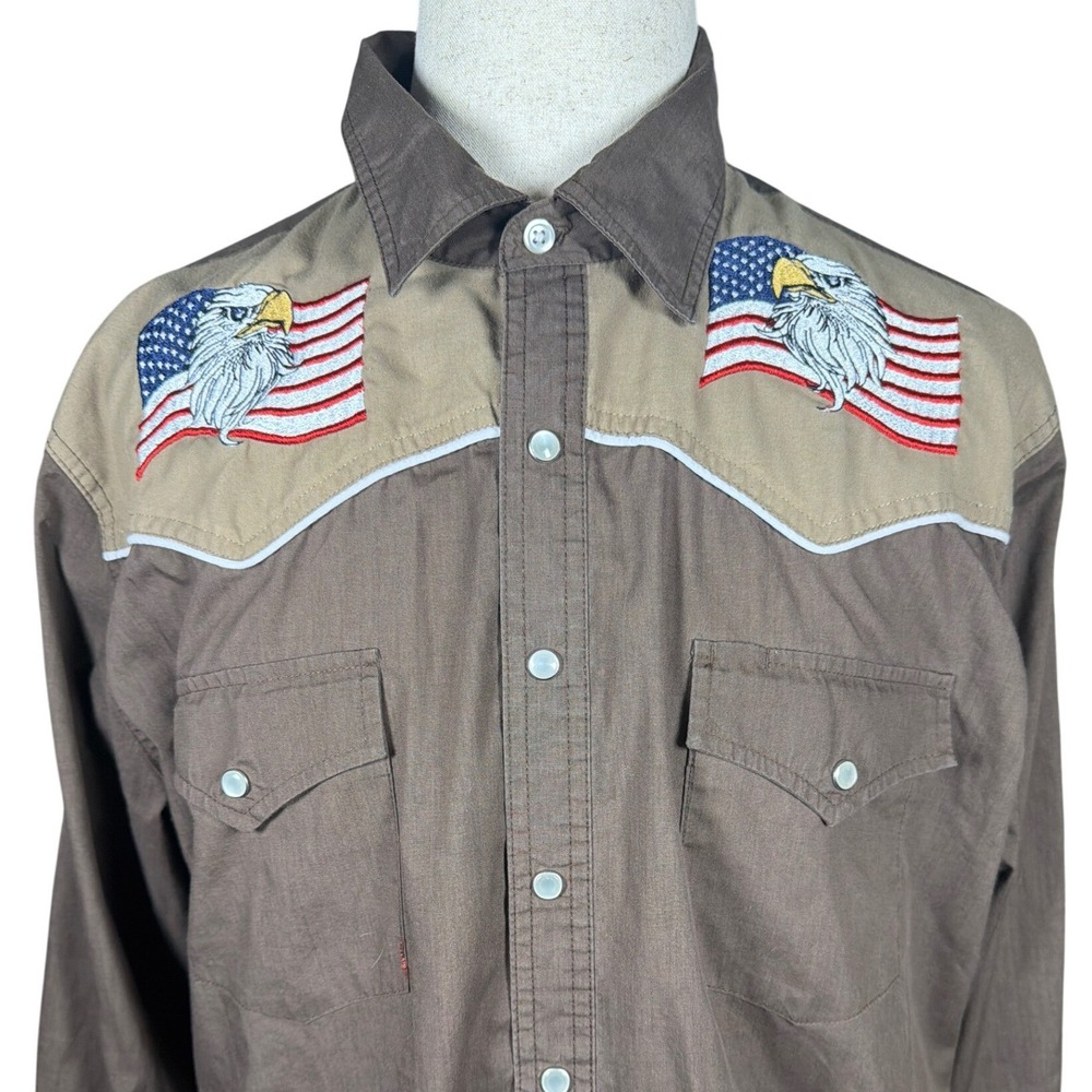High Noon Mens XL Brown Western Snap Shirt American Flag Eagle Embroidered Yoke
